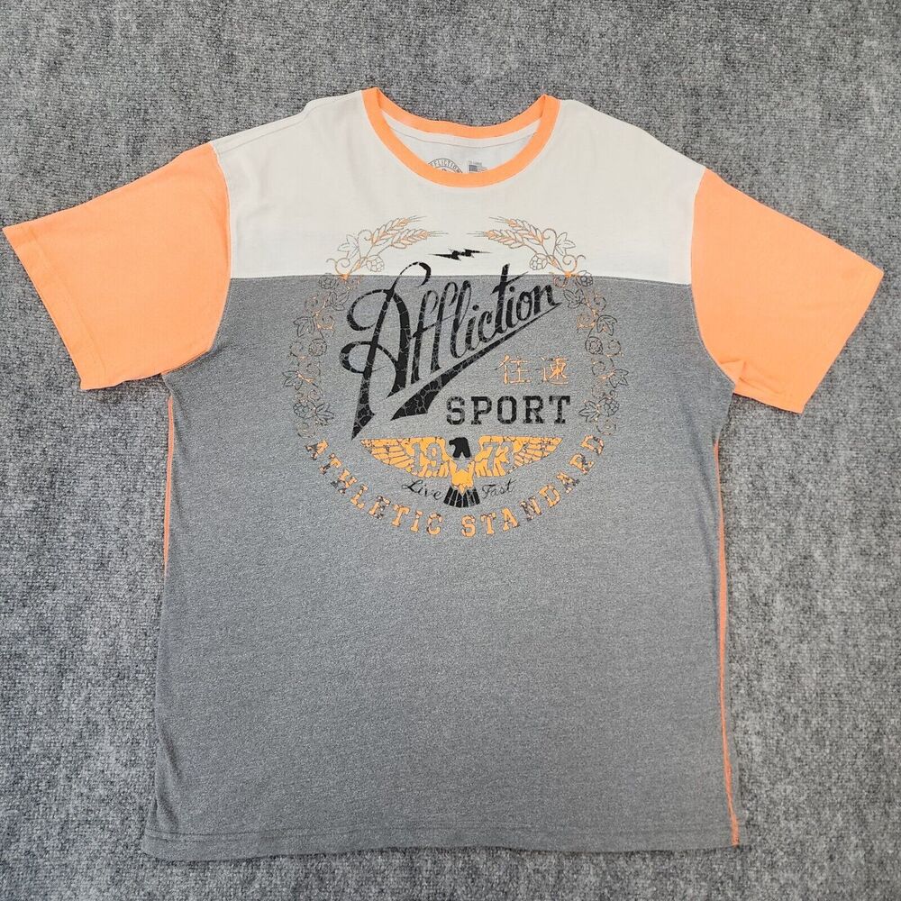 Affliction Shirt Mens 2XL Gray Orange Short Sleeve Tee Live Fast Eagle USA Made